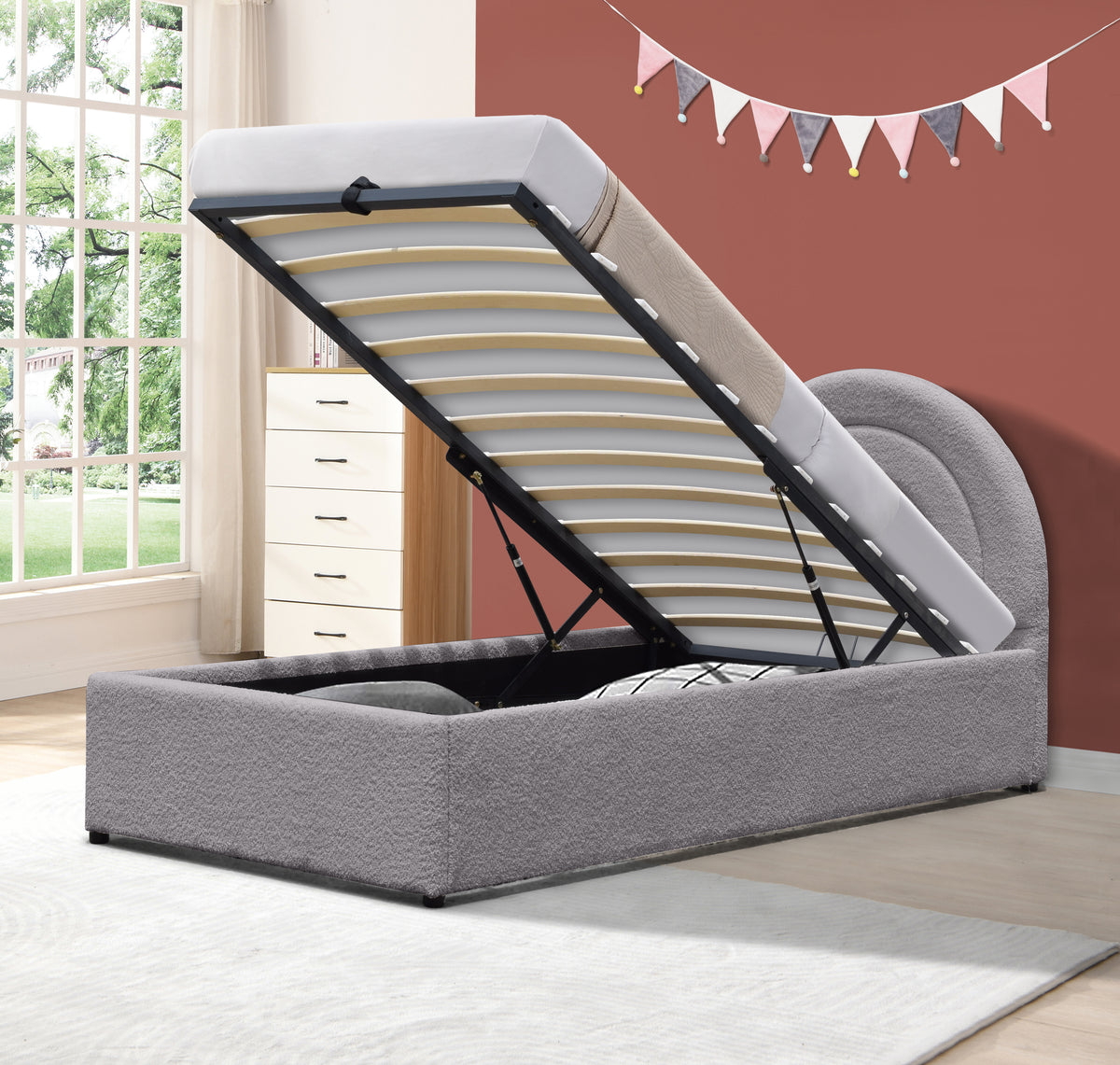 Emma Ottoman Storage Bed - Grey Bouclé &quot;Teddy&quot; Fabric - Size: 3ft Single