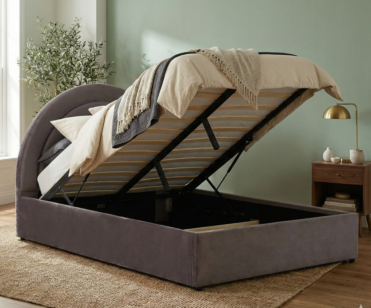 Emma Ottoman Storage Bed - Grey Plush Velvet - Size: 4ft 6" Double