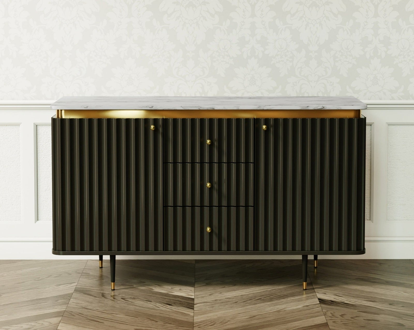Keya Flute Solid Mango Wood Sideboard with Real Marble Top - Black Casa Maria Designs 