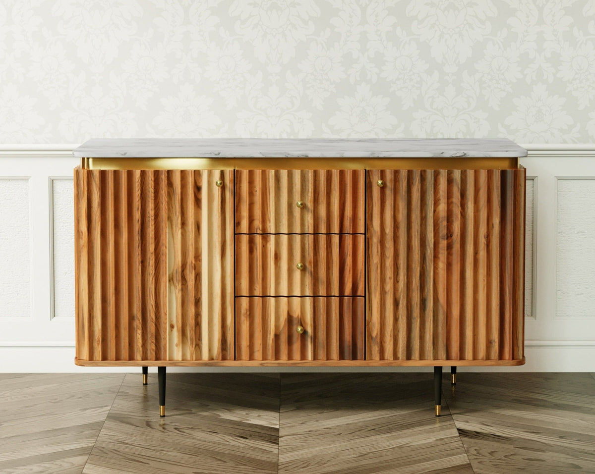 Keya Flute Solid Acacia Wood Sideboard with Real Marble Top - Natural Casa Maria Designs 
