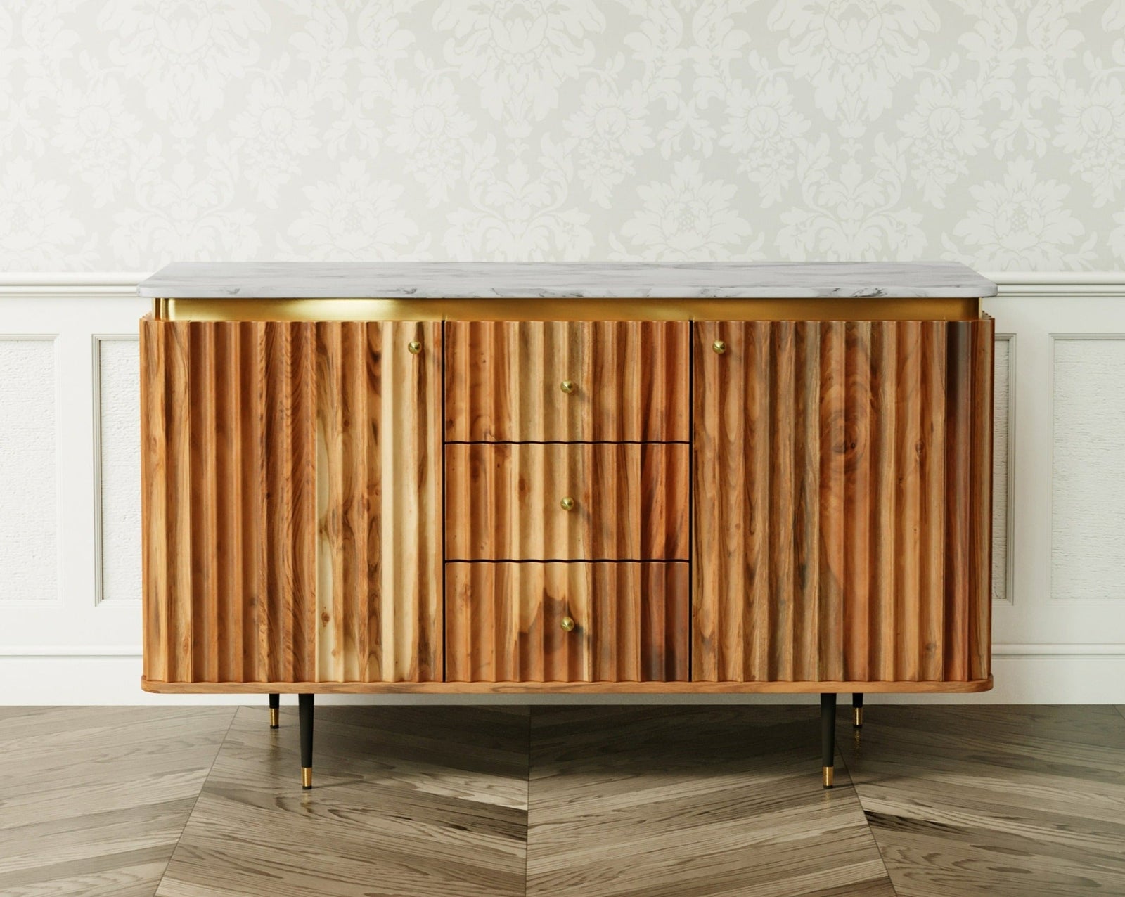 Keya Flute Solid Acacia Wood Sideboard with Real Marble Top - Natural Casa Maria Designs 