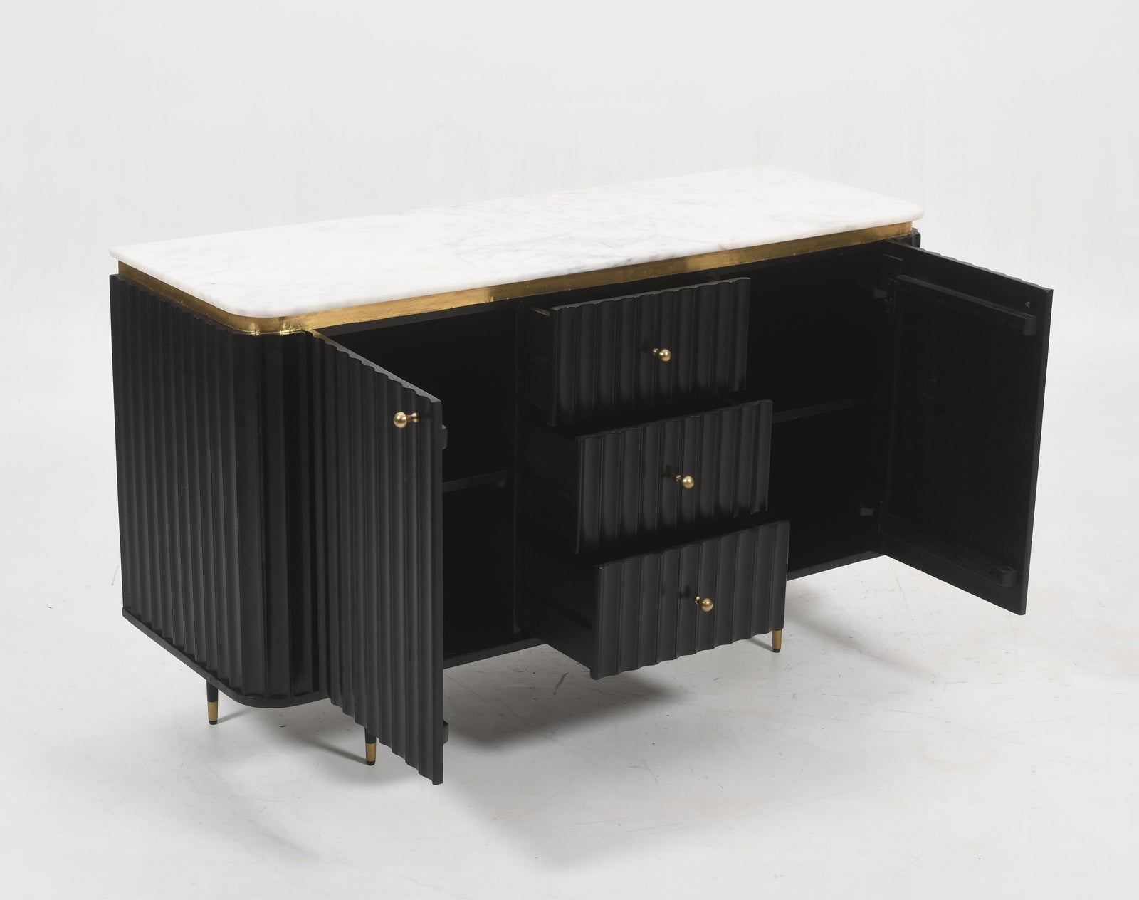 Keya Flute Solid Mango Wood Sideboard with Real Marble Top - Black Casa Maria Designs 