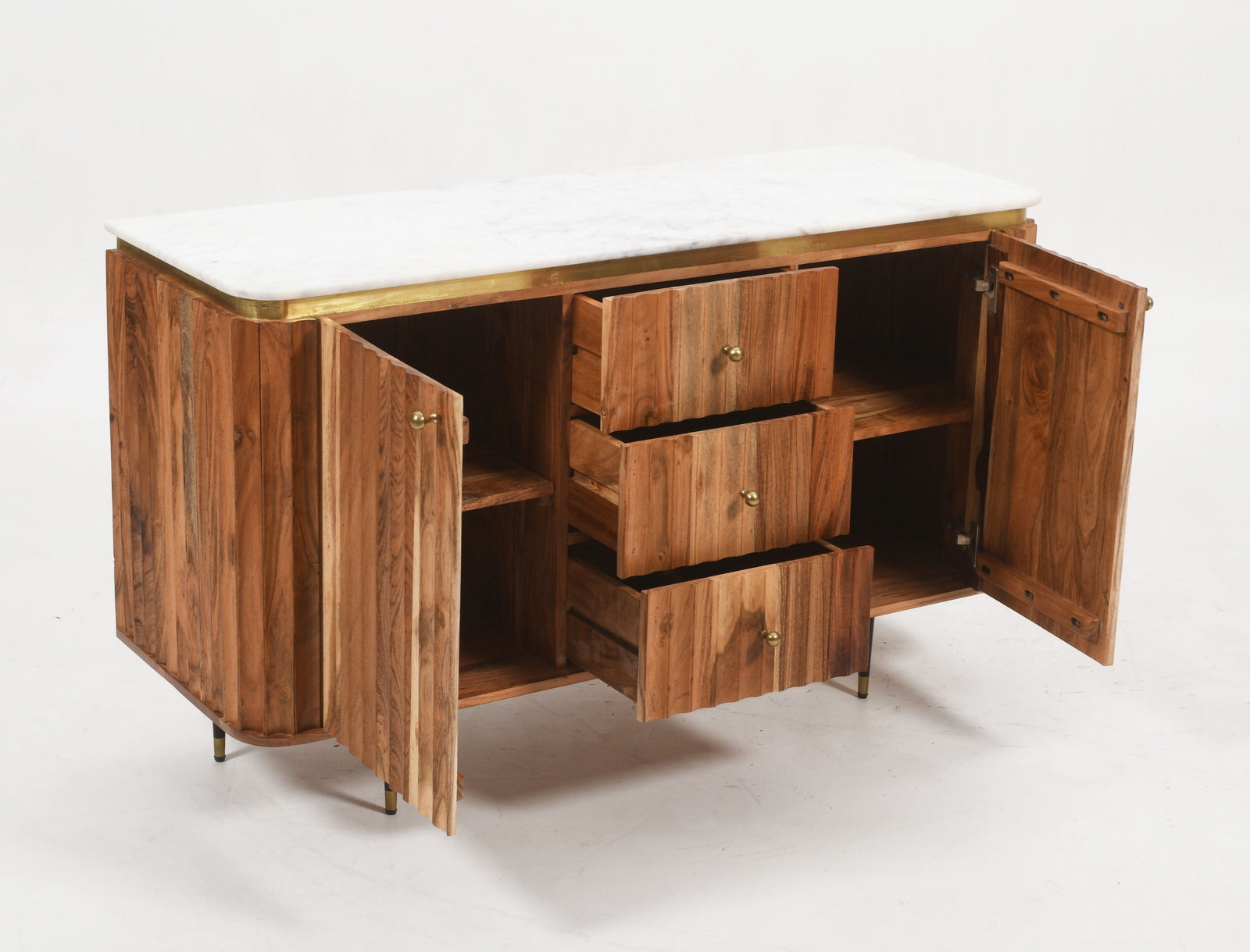 Keya Flute Solid Acacia Wood Sideboard with Real Marble Top - Natural Casa Maria Designs 