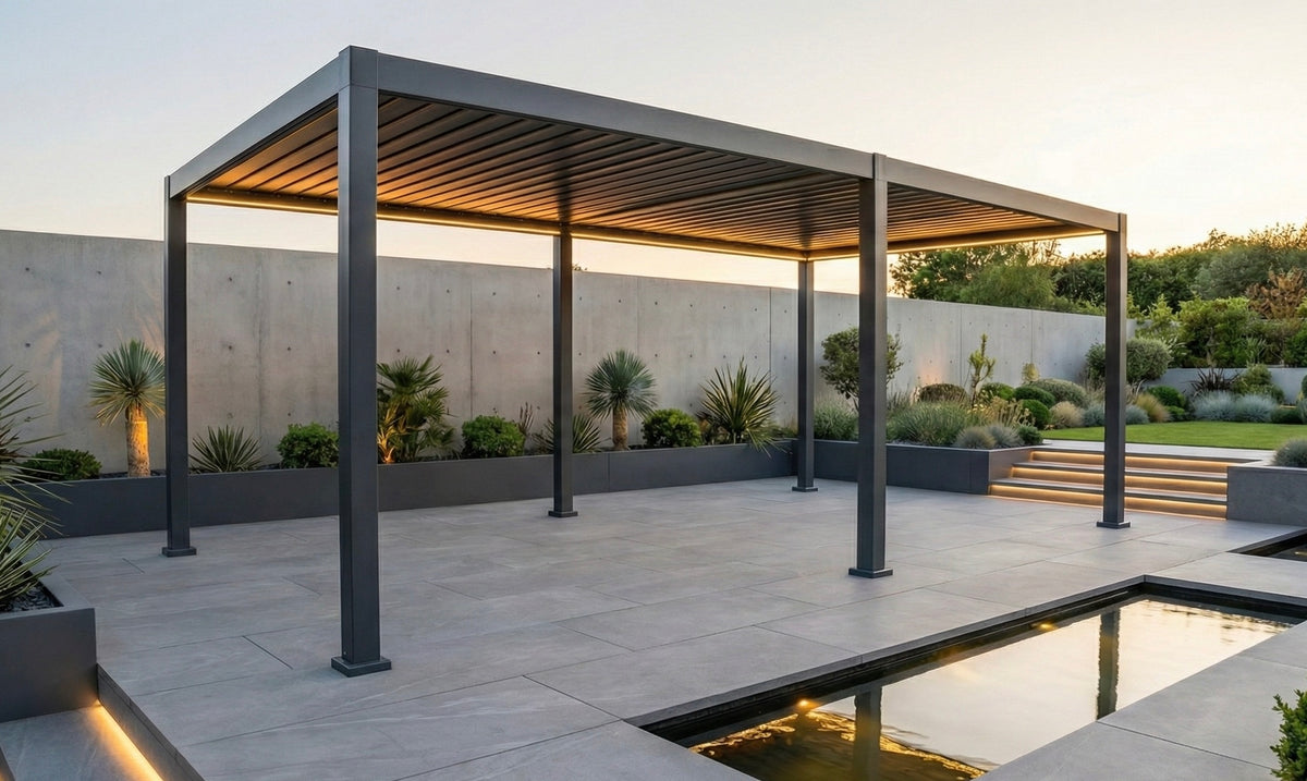 LuxShade™ 3×6m Aluminium Pergola with LEDs, Double-Layered Louvred Roof