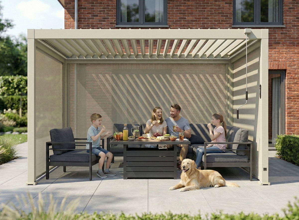 LuxShade™ 3×4m Pebble Aluminium Pergola with LEDs, Double-Layered Roof & 3 Blinds