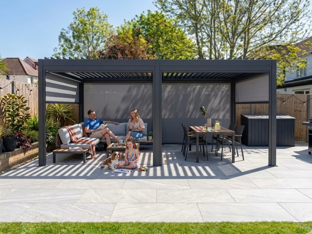 MotaShade™ 3×6m Motorised Aluminium Pergola, Double‑Layer Louvres, LEDs & 4 Windscreens