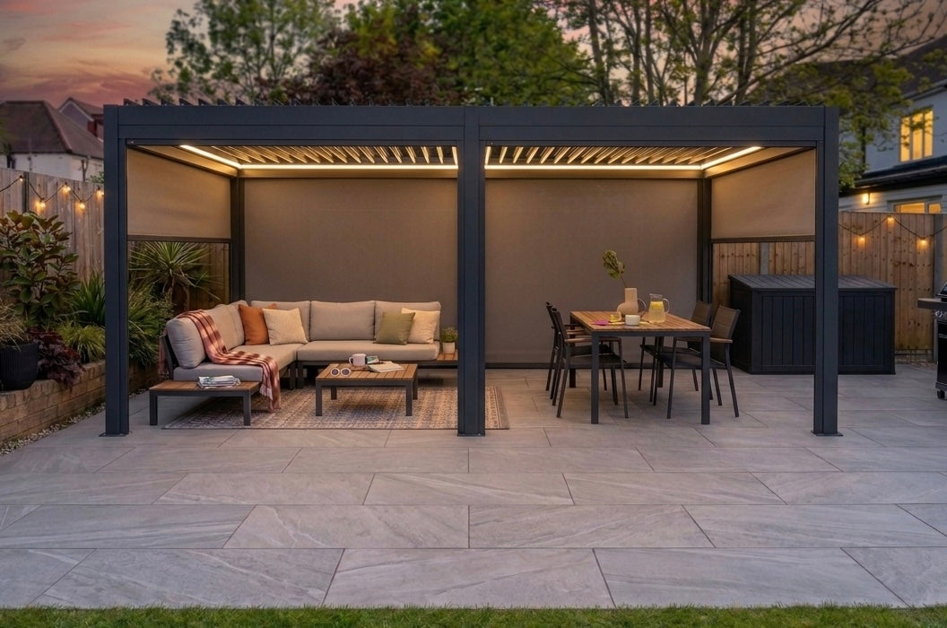 MotaShade™ 3×6m Motorised Aluminium Pergola, Double‑Layer Louvres, LEDs & 4 Windscreens