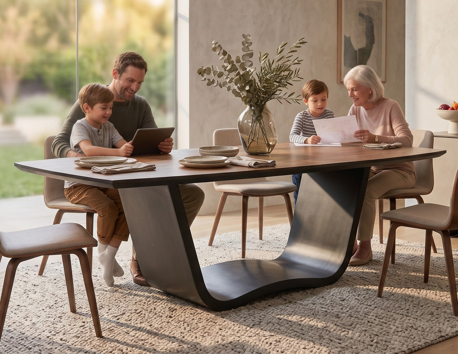 Live Edge Acacia Wood Dining Table – Black Iron W-Base – product view 1