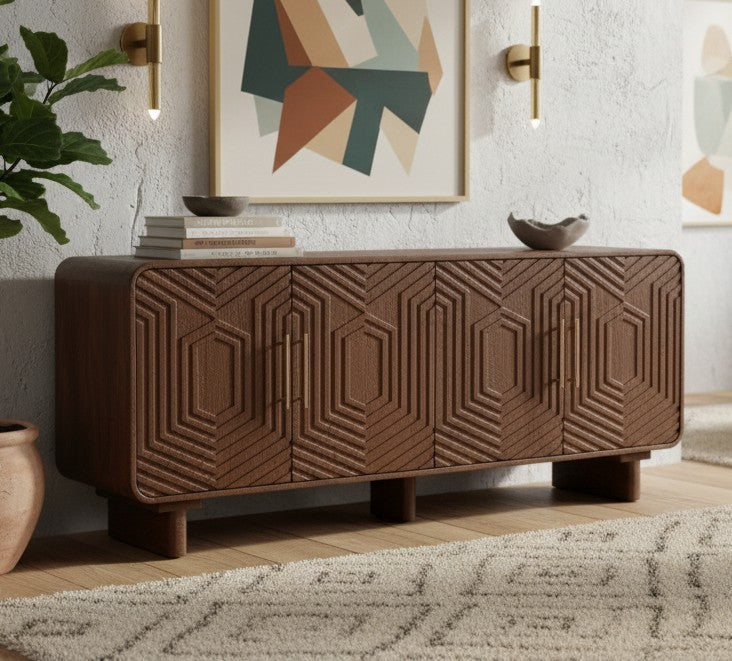 Hexa 4-Door Mango Wood Sideboard – Hand-Carved Geo Design, Brass Handles (180 cm)