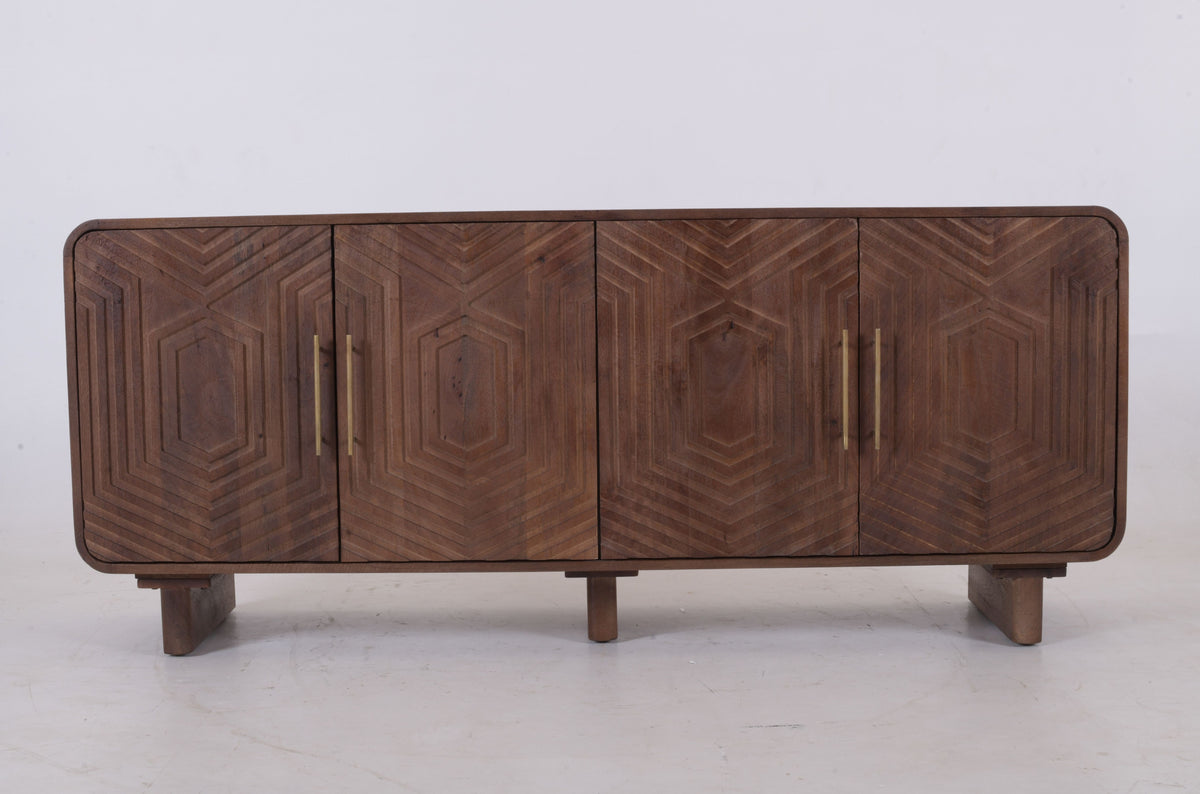 Hexa 4-Door Mango Wood Sideboard – Hand-Carved Geo Design, Brass Handles (180 cm)