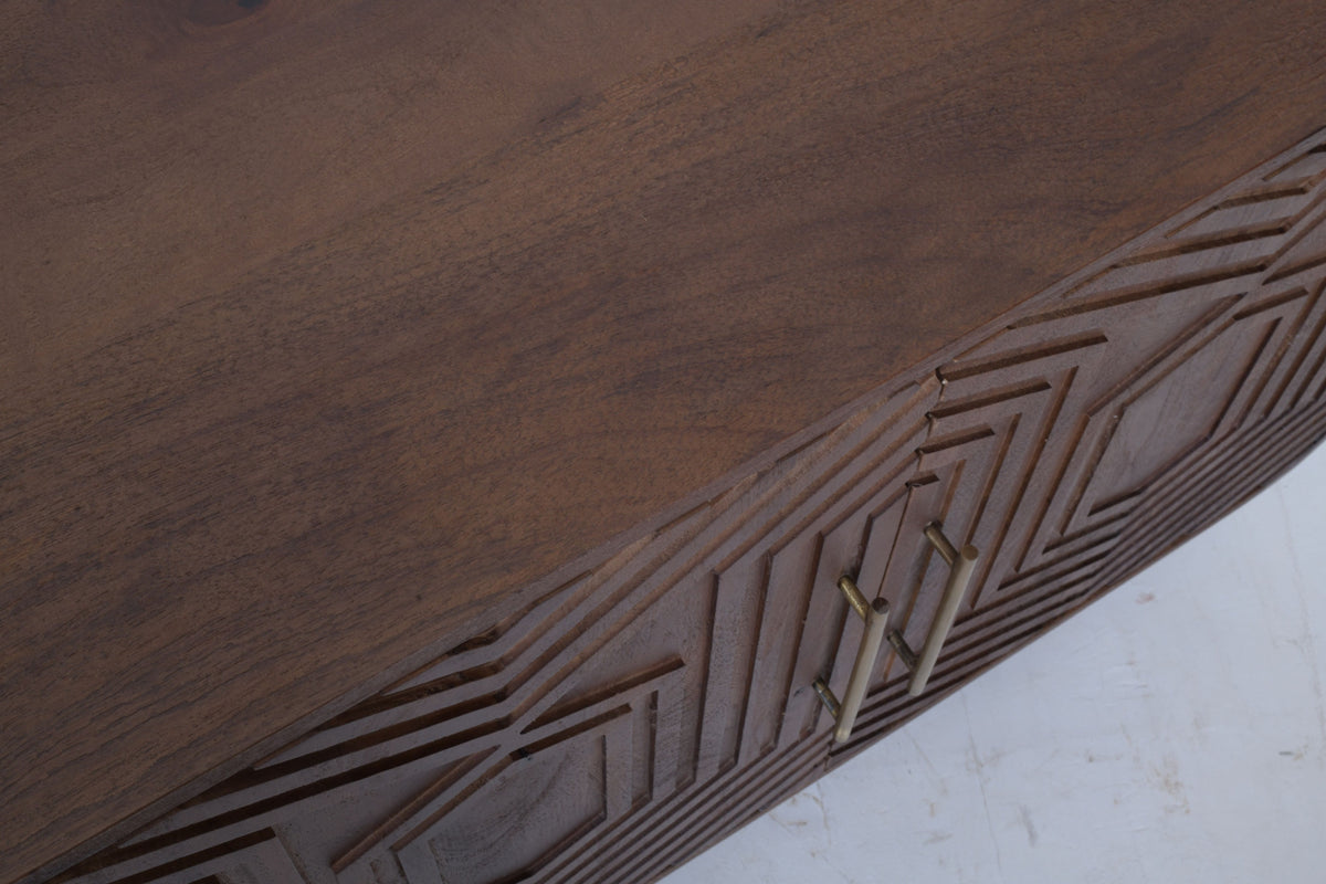 Hexa 4-Door Mango Wood Sideboard – Hand-Carved Geo Design, Brass Handles (180 cm)