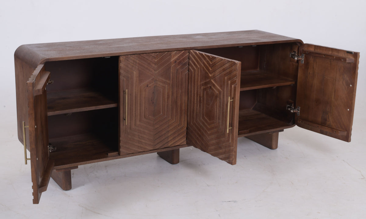 Hexa 4-Door Mango Wood Sideboard – Hand-Carved Geo Design, Brass Handles (180 cm)