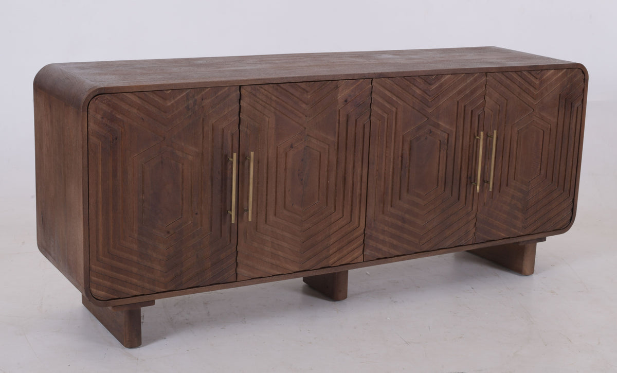 Hexa 4-Door Mango Wood Sideboard – Hand-Carved Geo Design, Brass Handles (180 cm)