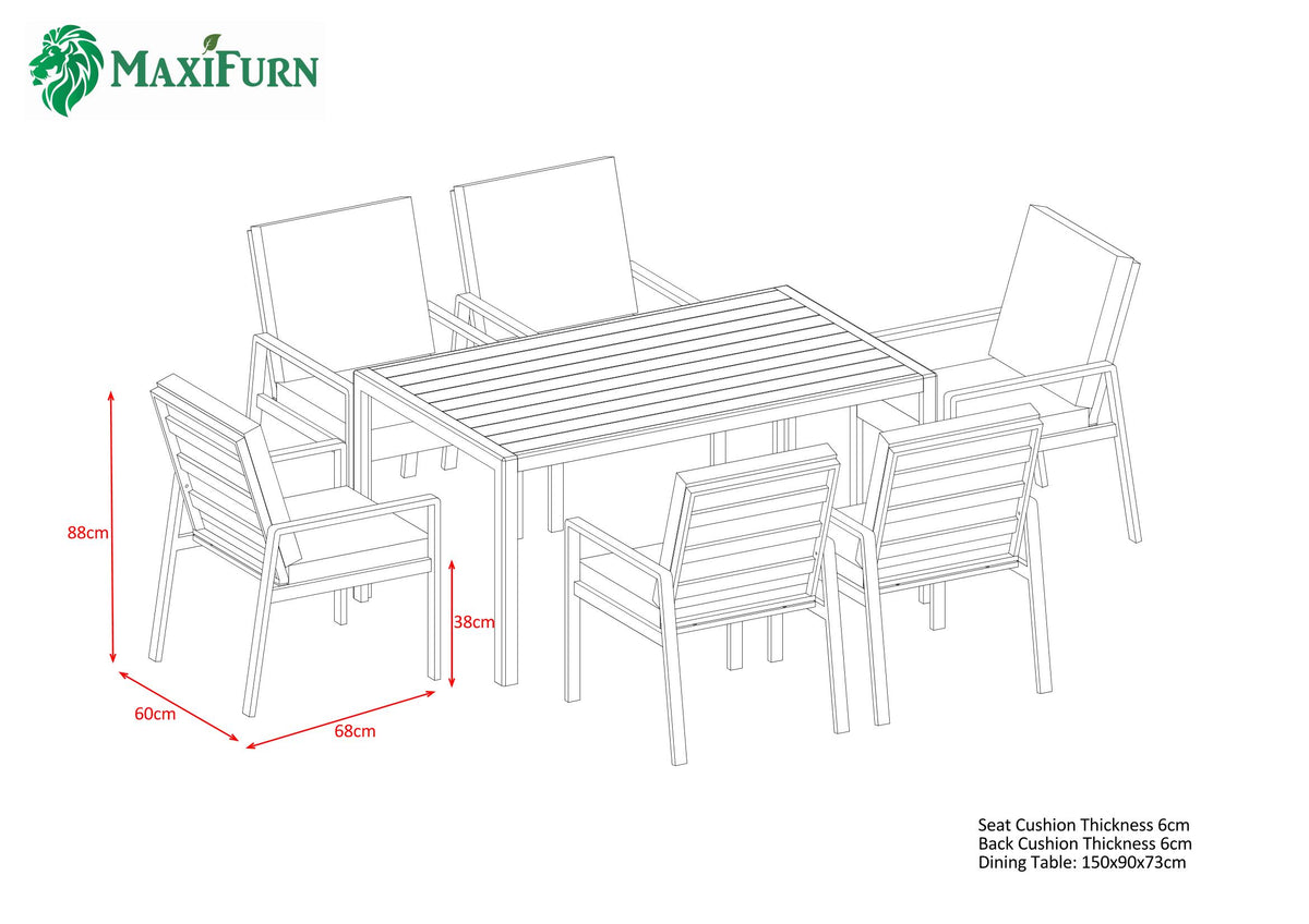 Aluminium Dining Table &amp; 6 Chairs Set - Black / Light Grey