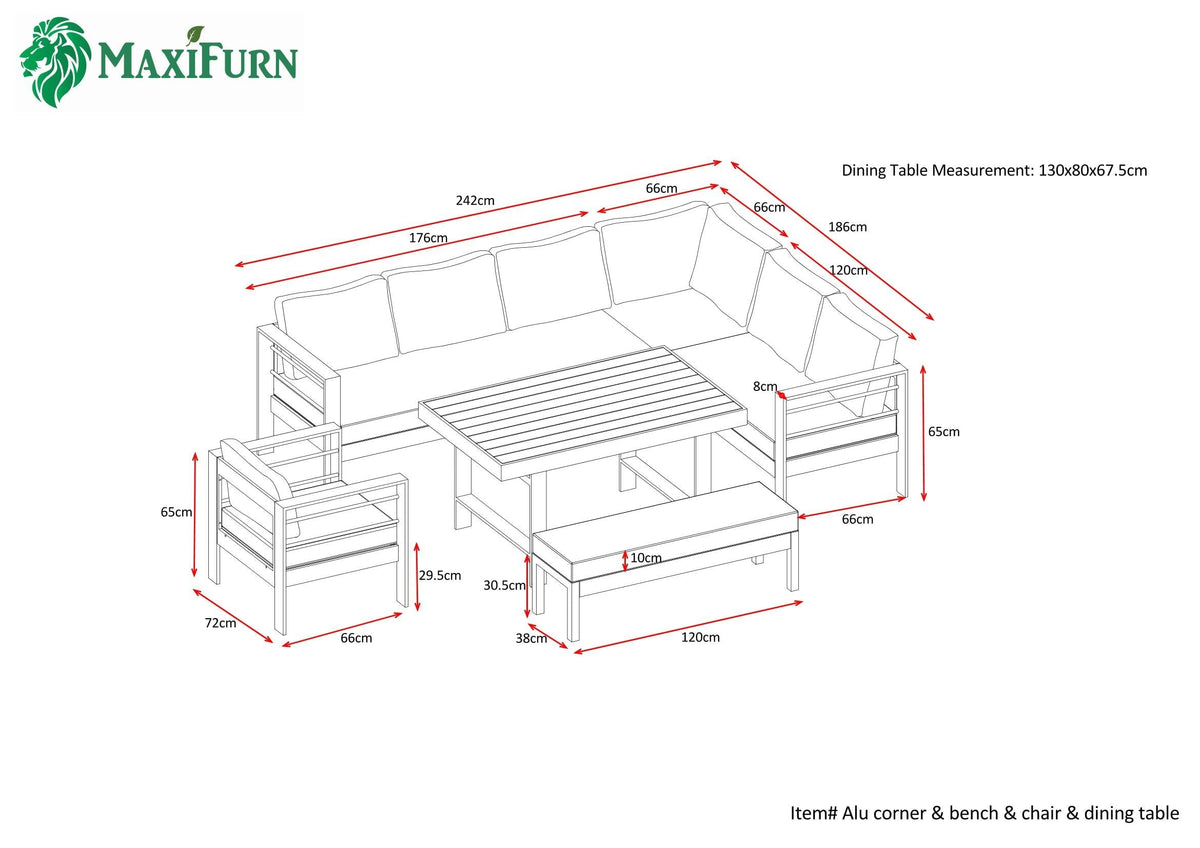Aluminium Right Hand Corner Sofa / Outdoor Garden Dining Set in Dark Grey Rattan Furniture MaxiFurn 