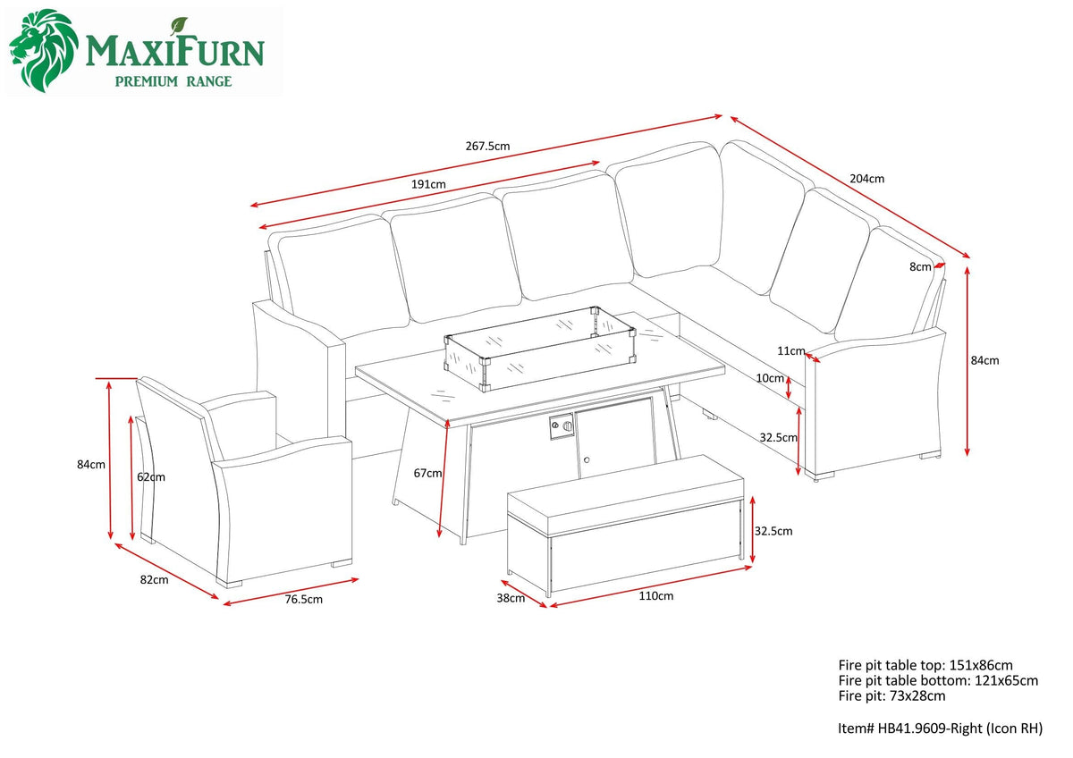 Icon Luxury Rattan Right Hand Corner Sofa Chair Bench and Fire Pit Table - Dark Grey Rattan Furniture MaxiFurn 
