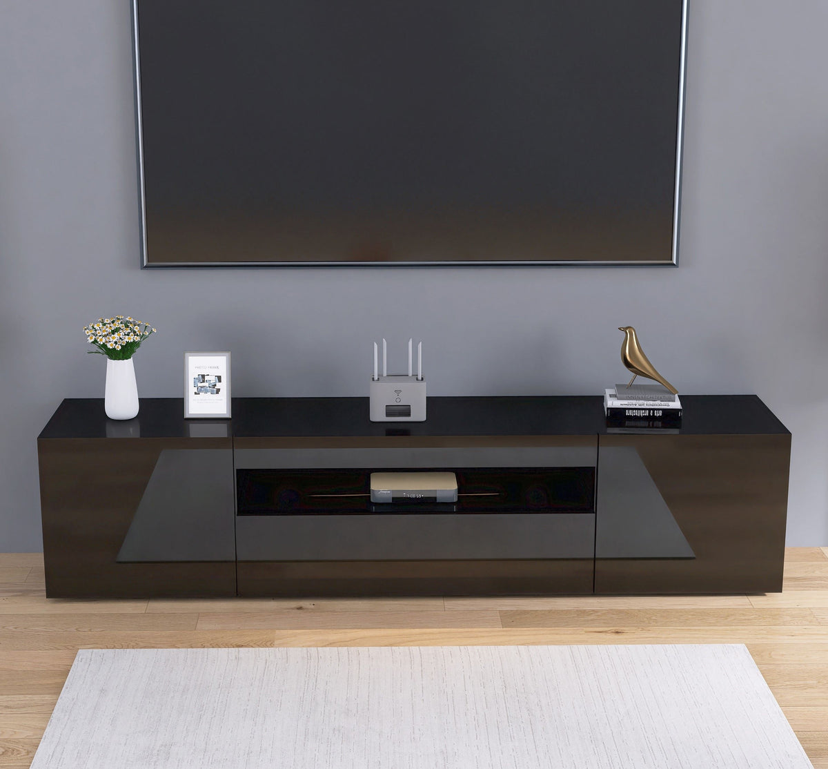 Enzo Modern 2 Doors 1 Drawers LED Low TV Stand Media Unit (160cms) High Gloss Black TV Unit Casa Maria Designs 