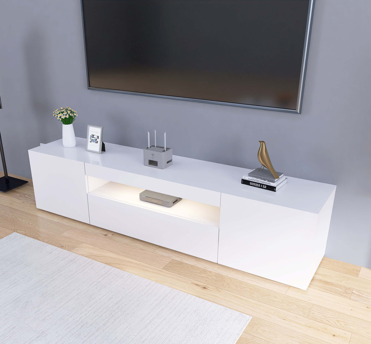 Enzo Modern 2 Doors 1 Drawers LED Low TV Stand Media Unit (160cms) High Gloss White TV Unit Casa Maria Designs 