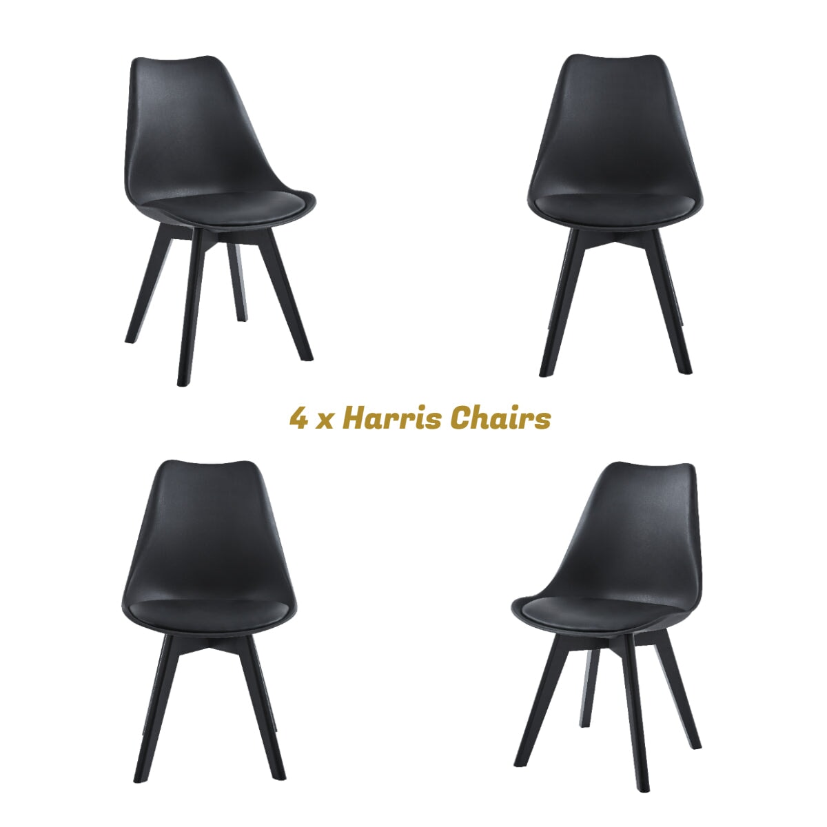 4 x Harris Ergonomic Dining Chairs - Black Chairs with Black Wooden Legs Casa Maria Designs 