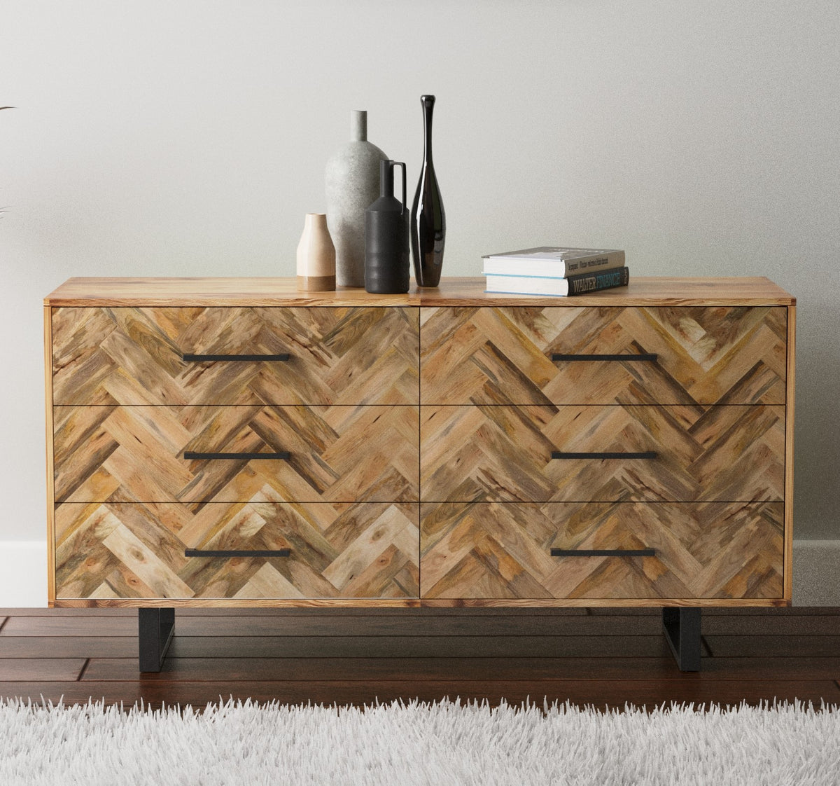 Herringbone 6 Drawer Chest of Drawers Solid Mango Wood 145 cm