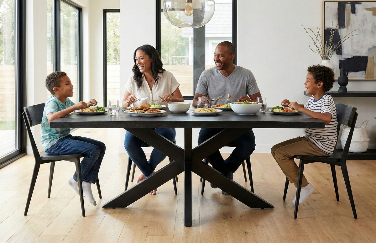 Rectangle Solid Mango Wood (Black Stained) Dining Table | Black Iron X Base - 160cms