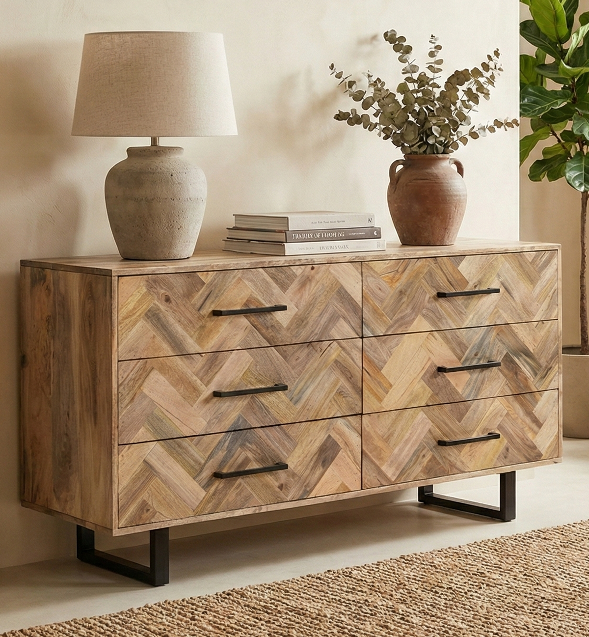 Herringbone 6 Drawer Chest of Drawers Solid Mango Wood 145 cm
