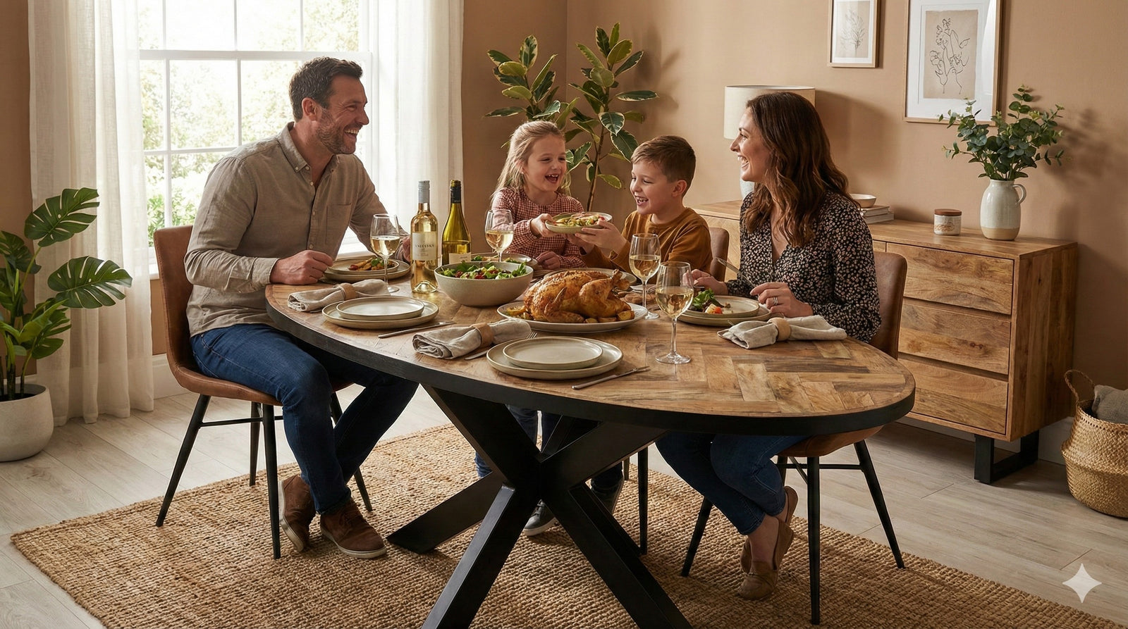 Oval Solid Wood Herringbone Dining Table | Black Iron Spider Base - 160cms Casa Maria Designs 