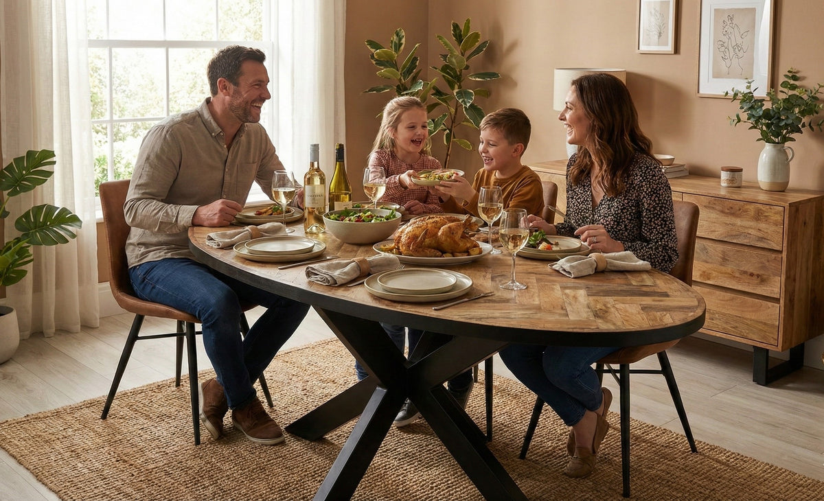 Oval Solid Wood Herringbone Dining Table | Black Iron Spider Base - 160cms