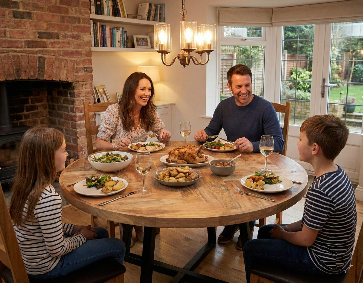 Round Solid Mango Wood Dining Table | Herringbone Design - 140cms