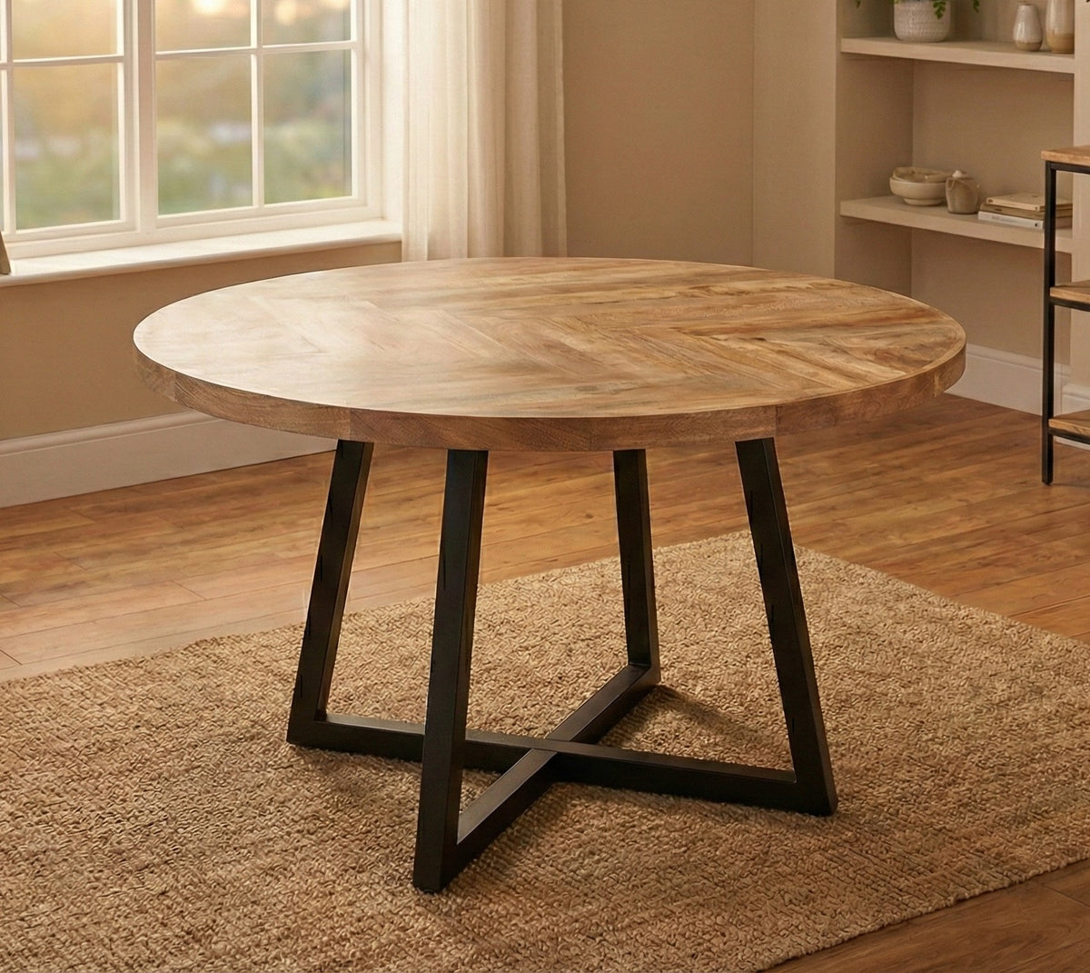 Round Solid Mango Wood Dining Table | Herringbone Design - 140cms