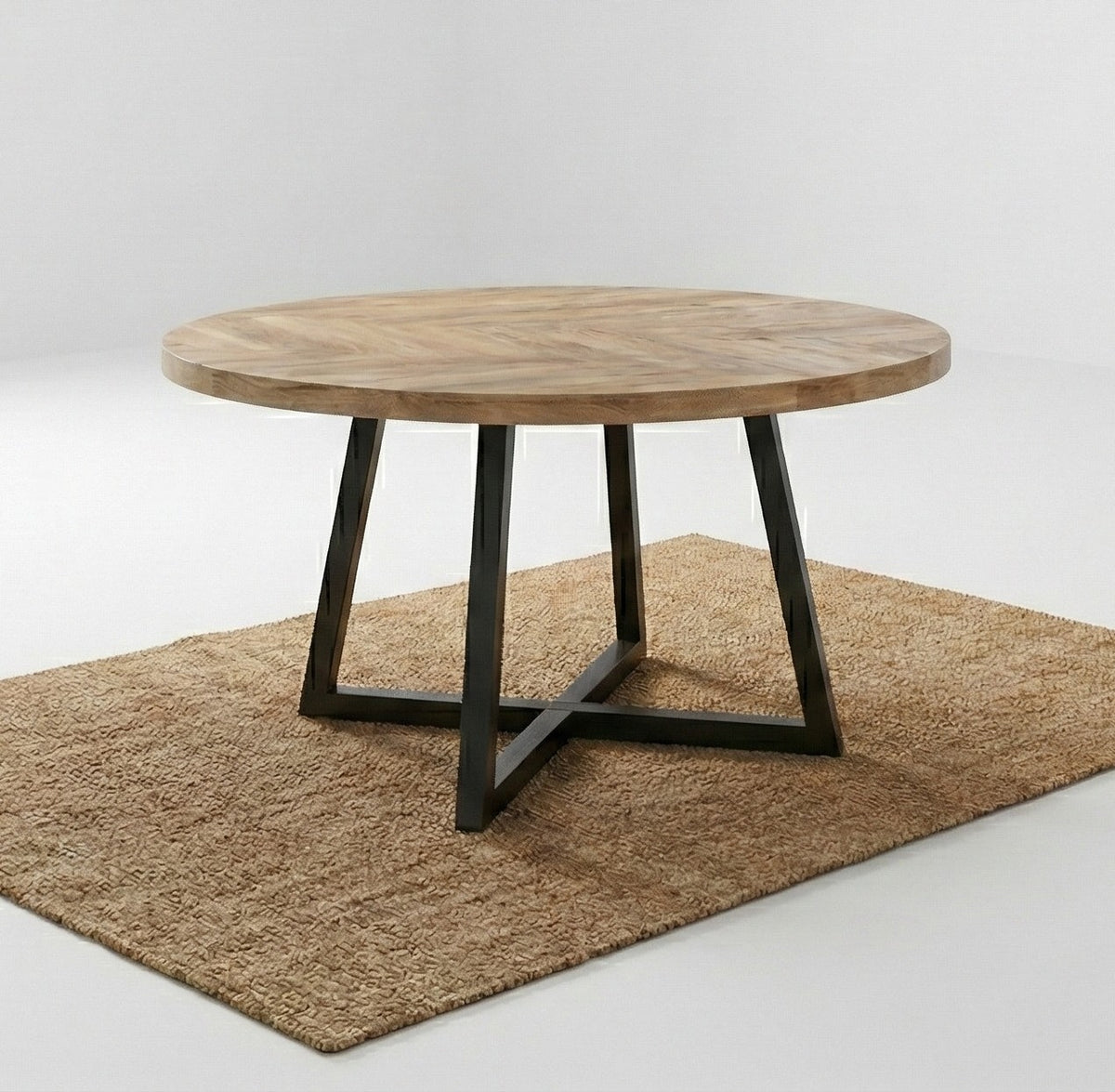 Round Solid Mango Wood Dining Table | Herringbone Design - 140cms