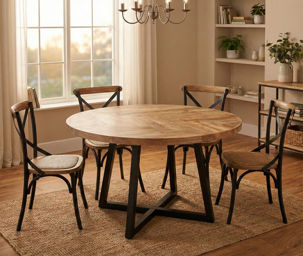 Round Solid Mango Wood Dining Table | Herringbone Design - Casa Maria