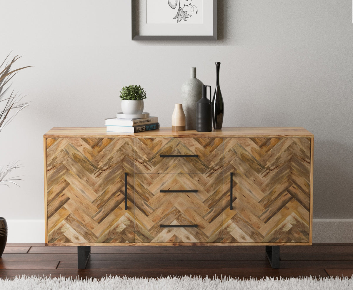 Herringbone 3 Drawer &amp; 2 Door Solid Mango Wood Sideboard Cabinet