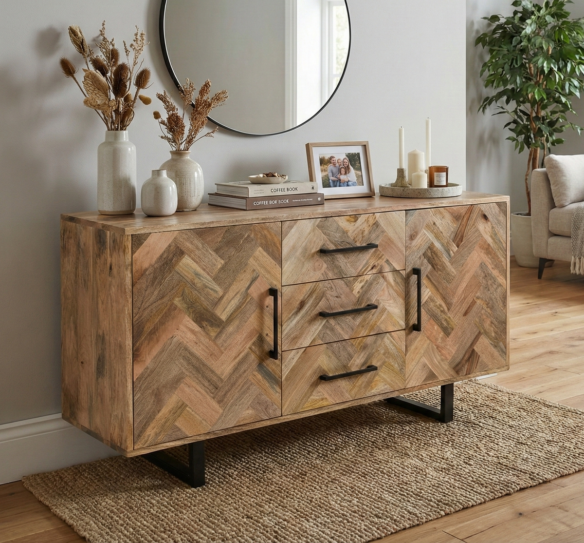 Herringbone 3 Drawer & 2 Door Solid Mango Wood Sideboard Cabinet