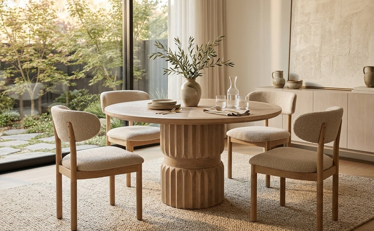 Aurelia Round Mango Wood Dining Table | Carved Fluted Pedestal Base | 120 cm