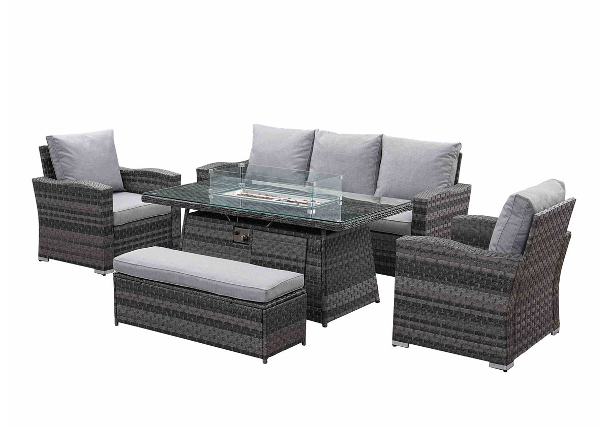 Icon Luxury Rattan 3 Seater Sofa, 2 x Chairs, Bench and Fire Pit Table - Light Grey