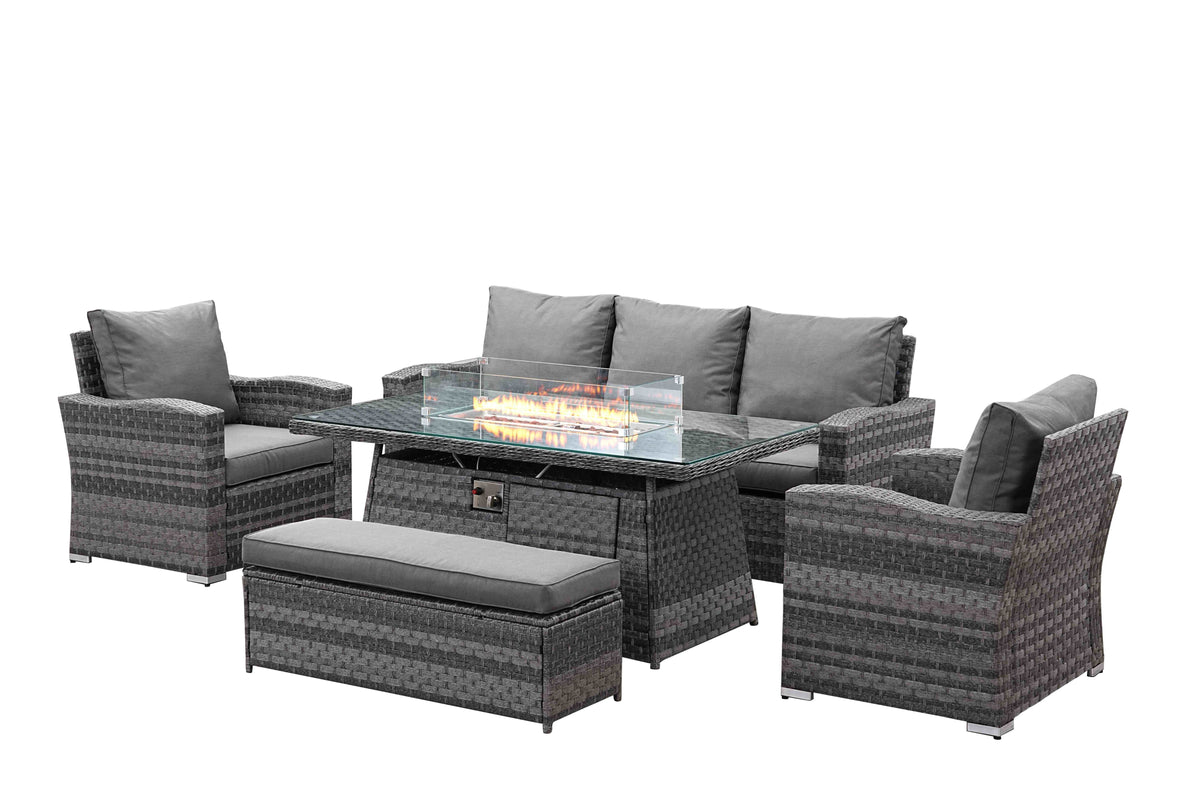 Icon Luxury Rattan 3 Seater Sofa, 2 x Chairs, Bench and Fire Pit Table - Dark Grey