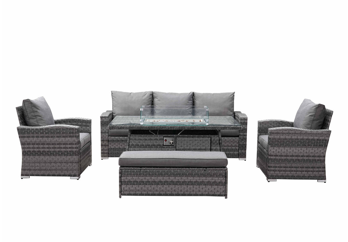 Icon Luxury Rattan 3 Seater Sofa, 2 x Chairs, Bench and Fire Pit Table - Dark Grey