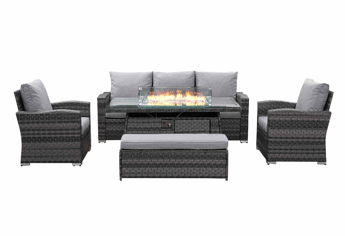 Icon Luxury Rattan 3 Seater Sofa, 2 x Chairs, Bench and Fire Pit Table - Light Grey