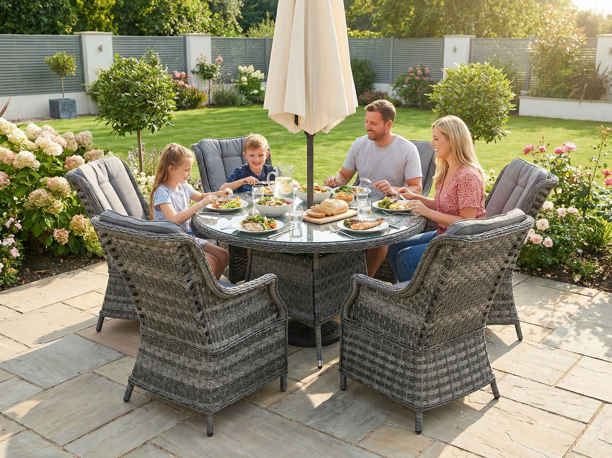 Icon Luxury 6 Seater Round Rattan Dining Set - Dark Grey