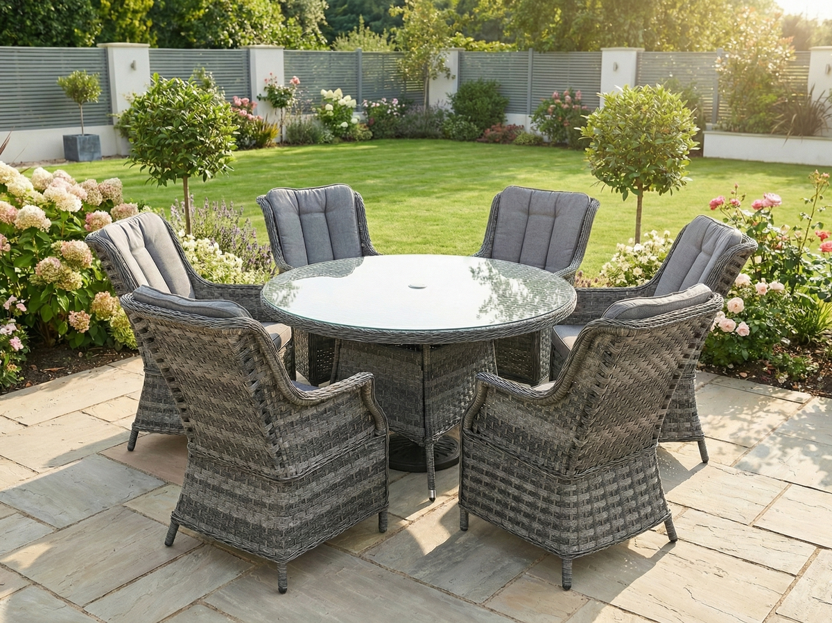 Icon Luxury 6 Seater Round Rattan Dining Set - Dark Grey