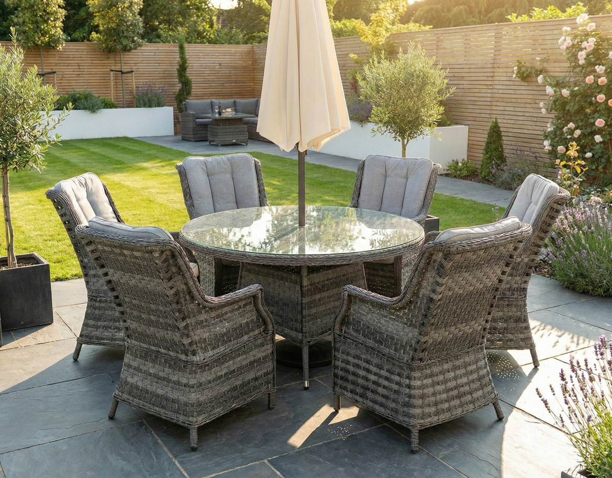 Icon Luxury 6 Seater Round Rattan Dining Set - Light Grey