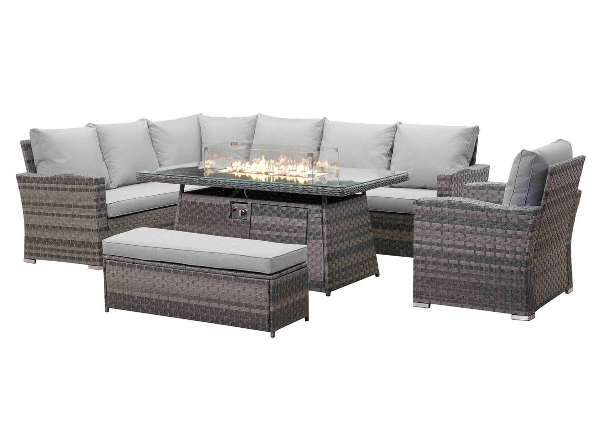 Icon Luxury Rattan Left Hand Corner Sofa Chair Bench and Fire Pit Table - Light Grey Rattan Furniture MaxiFurn 