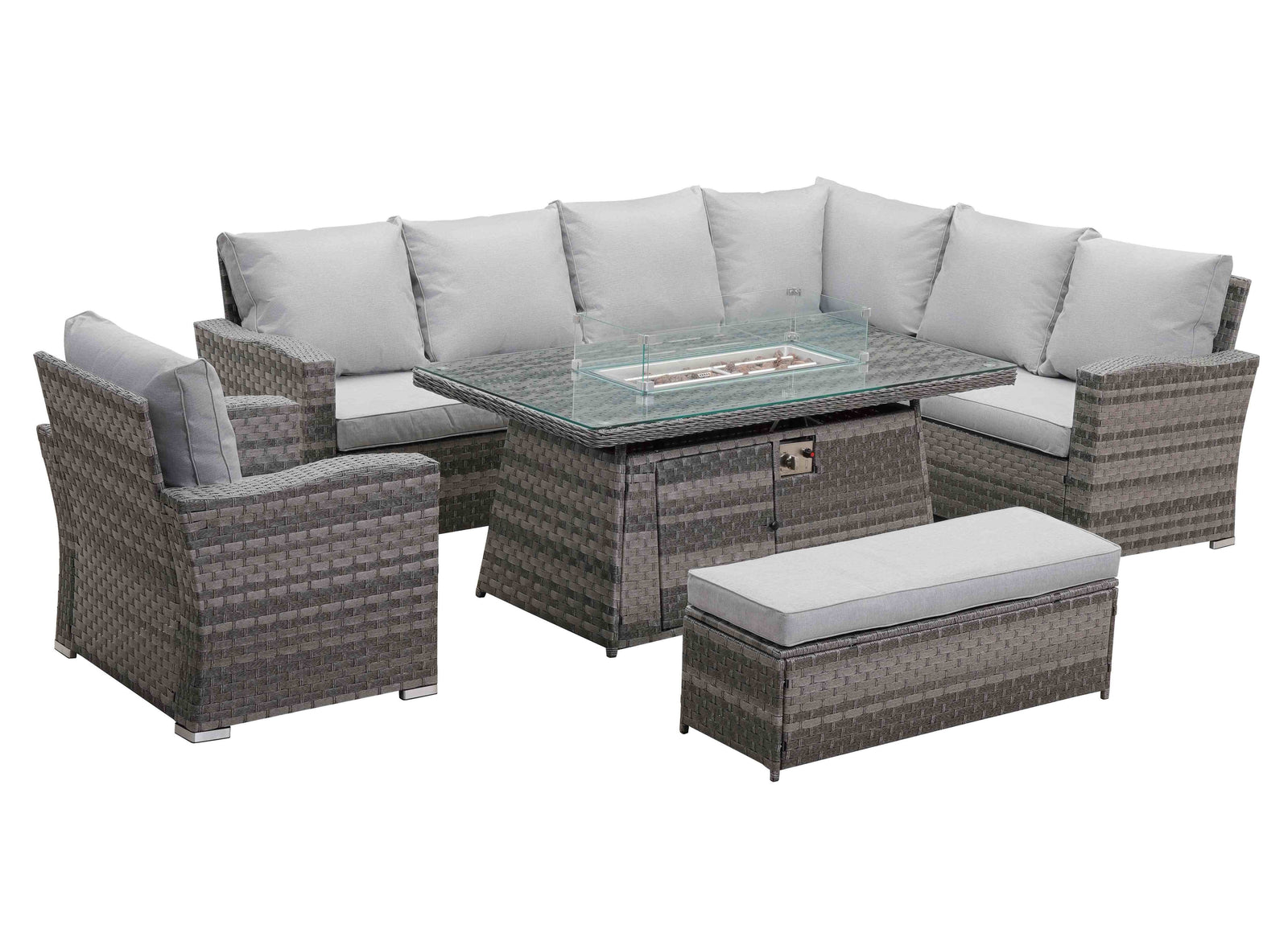 Icon Luxury Rattan Right Hand Corner Sofa Chair Bench and Fire Pit Table - Light Grey Rattan Furniture MaxiFurn 