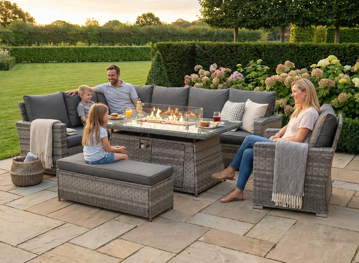 Icon Luxury Rattan Left Hand Corner Sofa Chair Bench and Fire Pit Table - Dark Grey