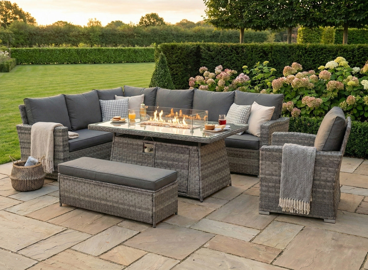 Icon Luxury Rattan Left Hand Corner Sofa Chair Bench and Fire Pit Table - Dark Grey