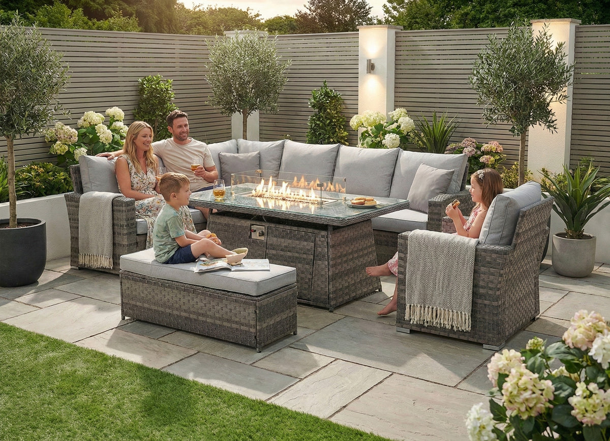 Icon Luxury Rattan Left Hand Corner Sofa Chair Bench and Fire Pit Table - Light Grey