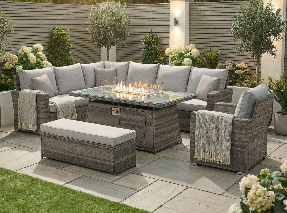 Icon Luxury Rattan Left Hand Corner Sofa Chair Bench and Fire Pit Table - Light Grey