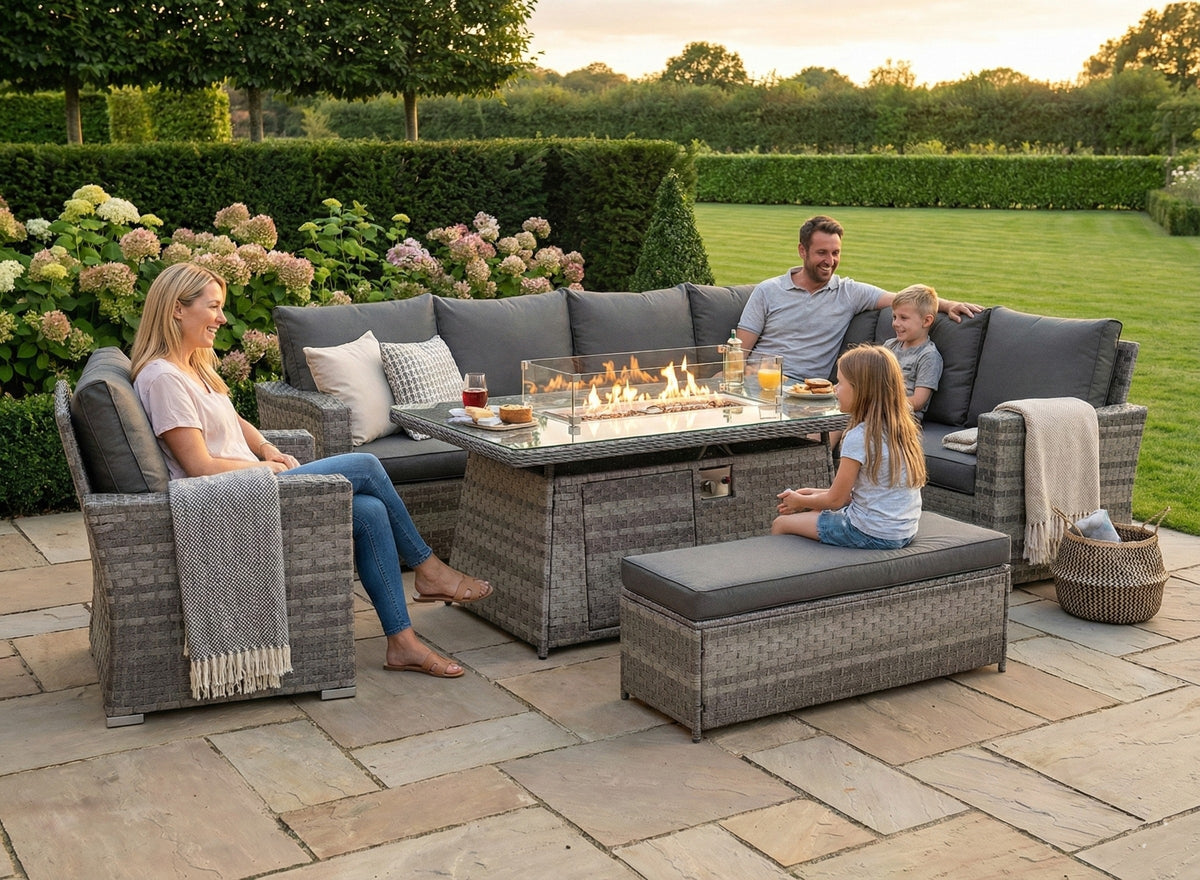 Icon Luxury Rattan Right Hand Corner Sofa Chair Bench and Fire Pit Table - Dark Grey