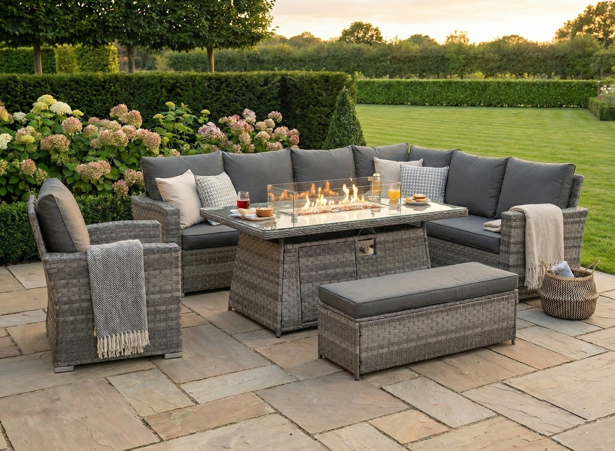 Icon Luxury Rattan Right Hand Corner Sofa Chair Bench and Fire Pit Table - Dark Grey